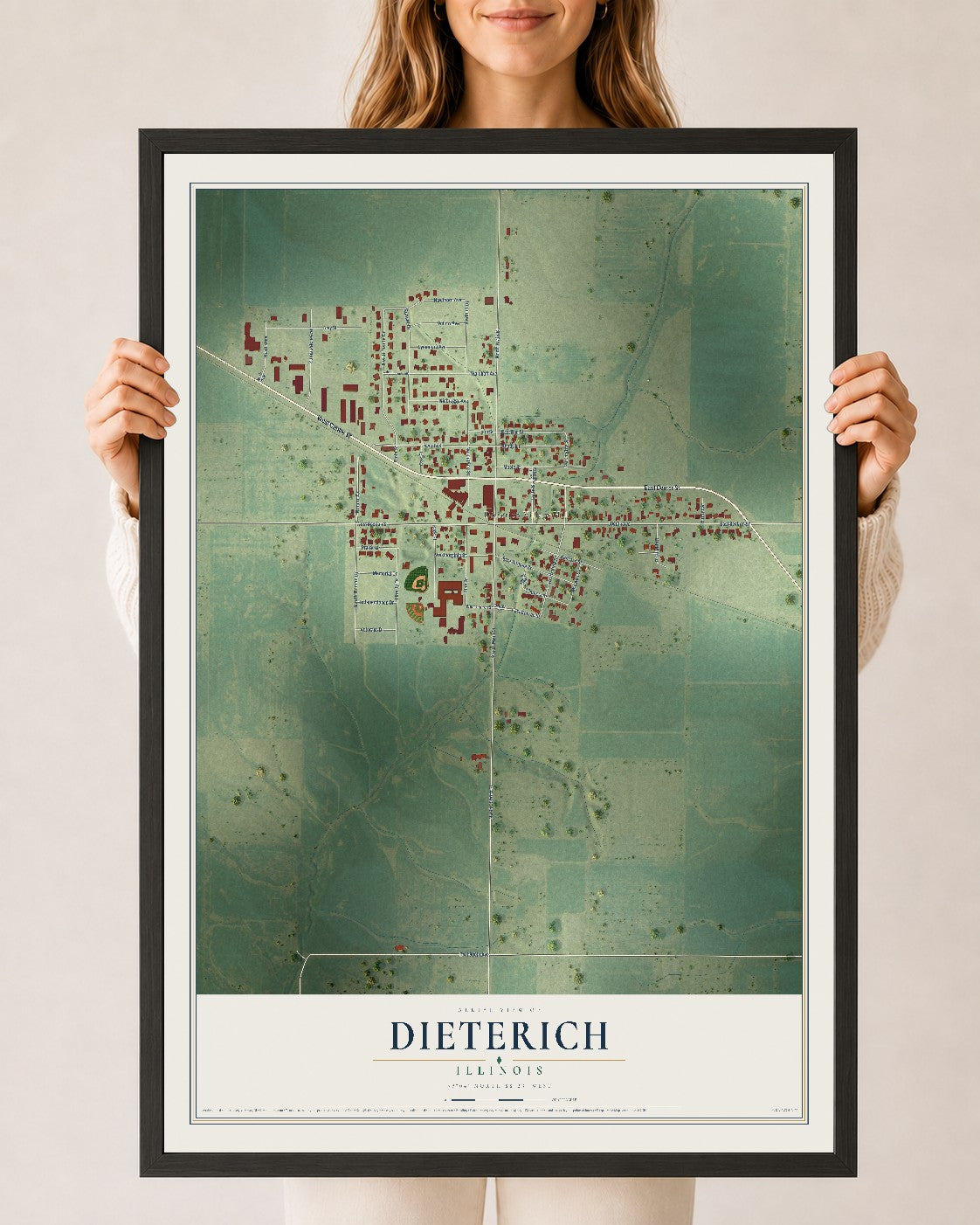 Map of Dieterich, Illinois, 24 x 36 inch print in a black wood frame
