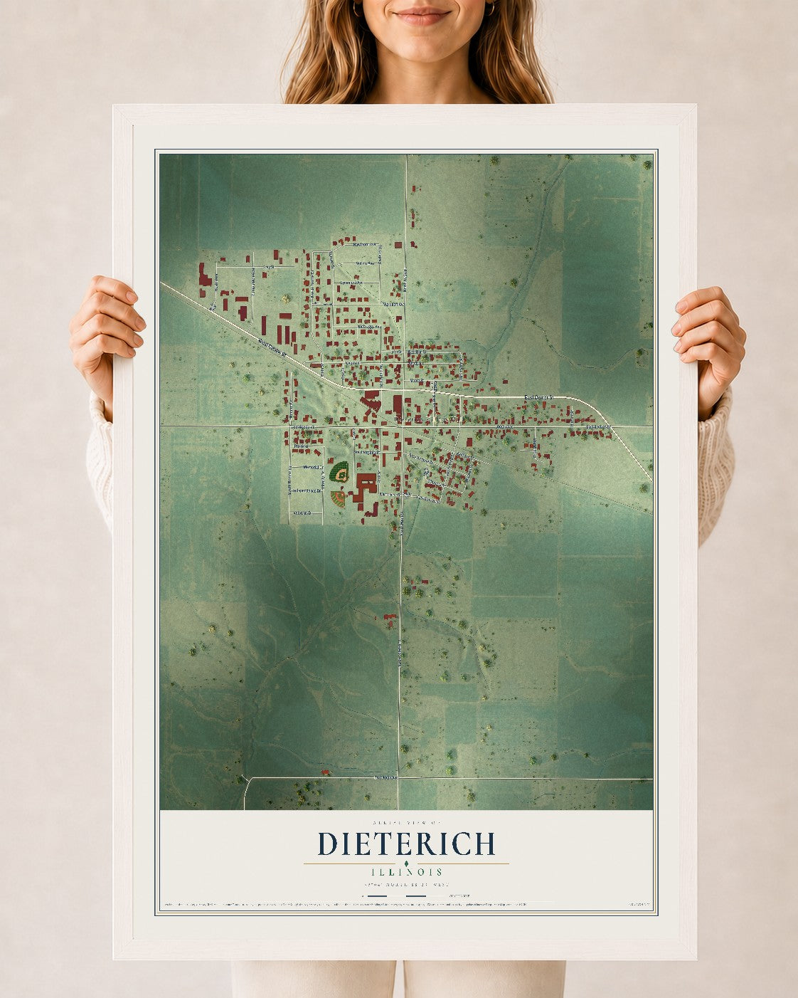 Map of Dieterich, Illinois, 24 x 36 inch print in a white wood frame