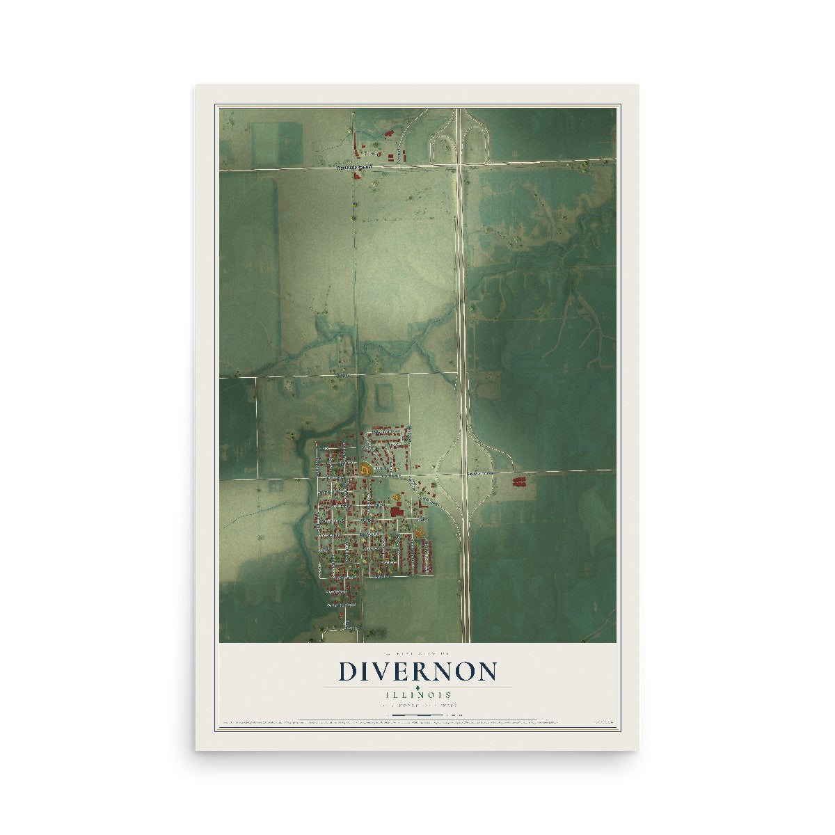 Map of Divernon, Illinois, 12 x 18 inch unframed archival matte print