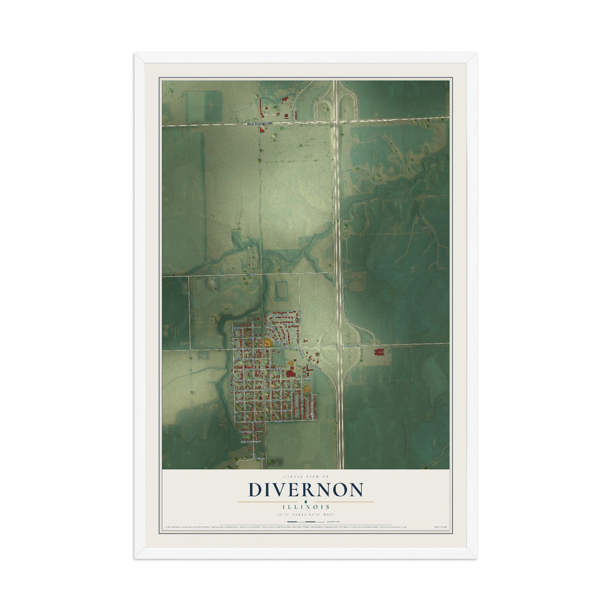 Map of Divernon, Illinois, 12 x 18 inch print in a white wood frame