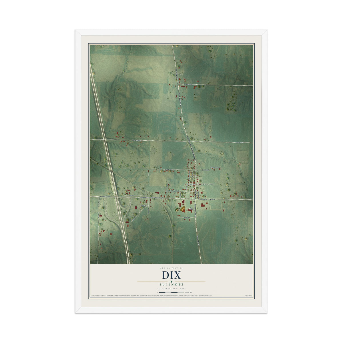 Map of Dix, Illinois, 12 x 18 inch print in a white wood frame