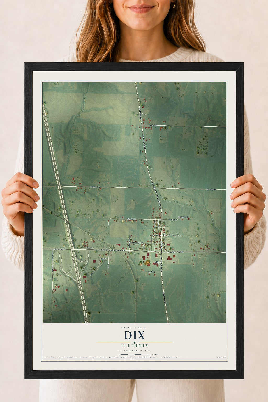 Map of Dix, Illinois, 18 x 24 inch print in a black wood frame