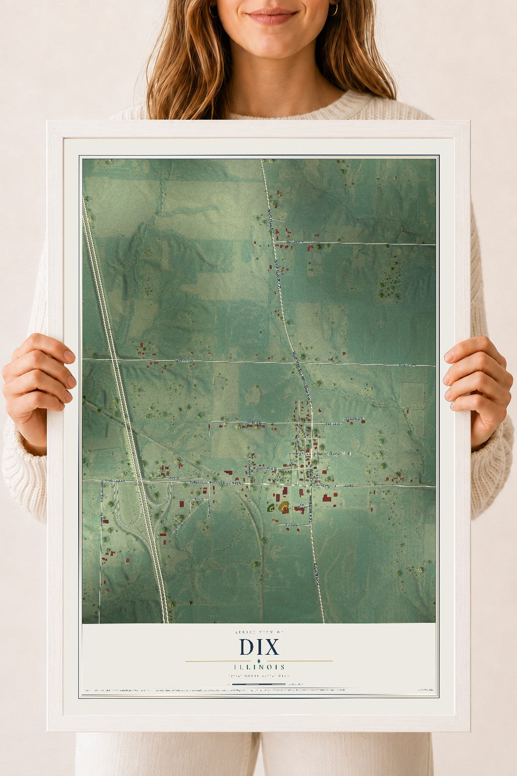 Map of Dix, Illinois, 18 x 24 inch print in a white wood frame