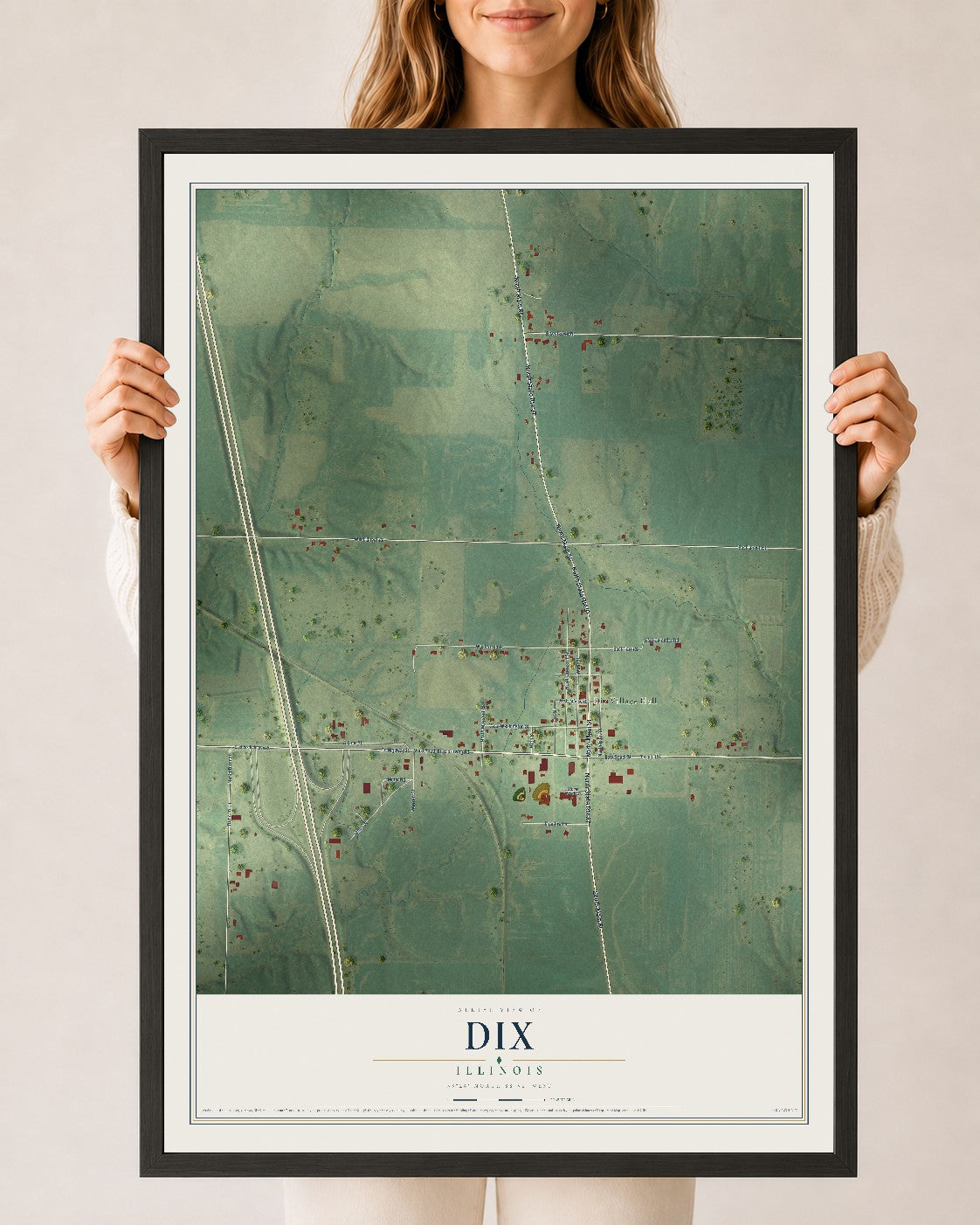 Map of Dix, Illinois, 24 x 36 inch print in a black wood frame