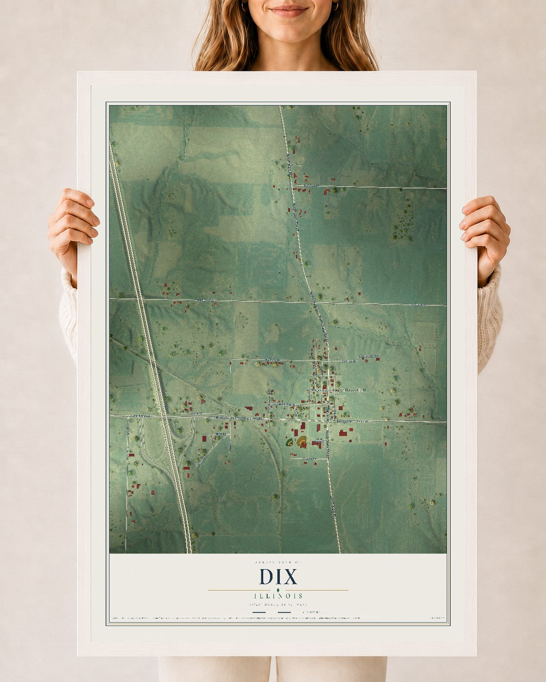 Map of Dix, Illinois, 24 x 36 inch print in a white wood frame