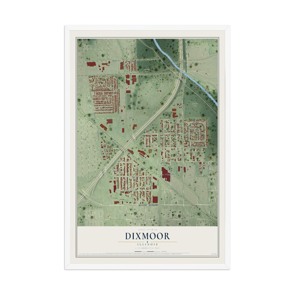 Map of Dixmoor, Illinois, 12 x 18 inch print in a white wood frame