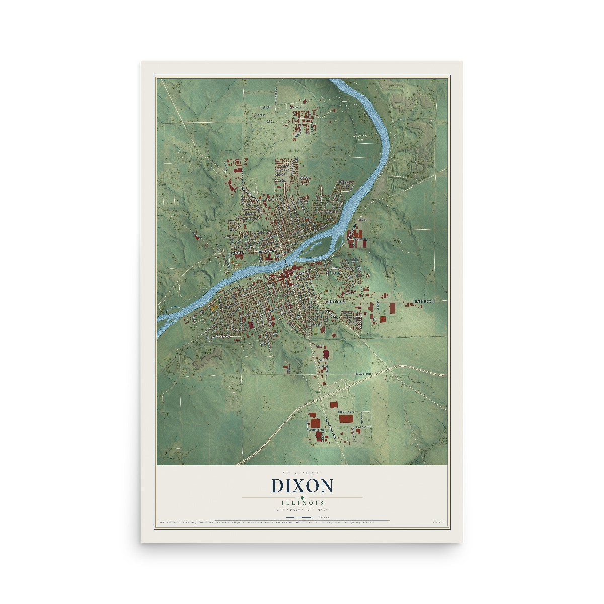 Map of Dixon, Illinois, 12 x 18 inch unframed archival matte print