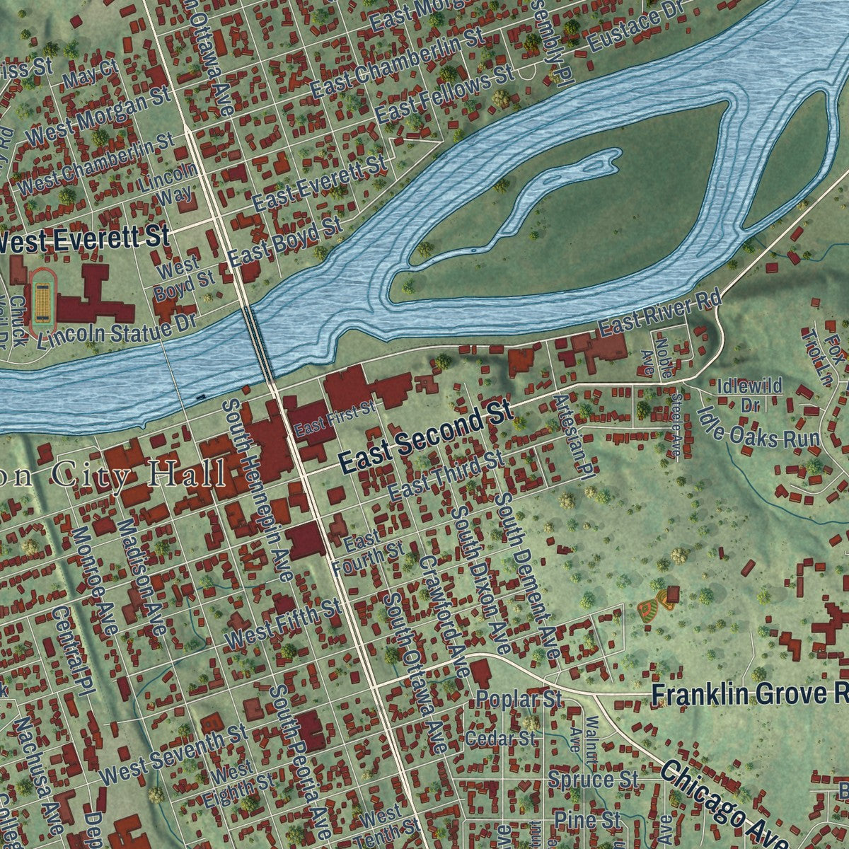 Close-up of the map of Dixon, Illinois print showing street and building detail