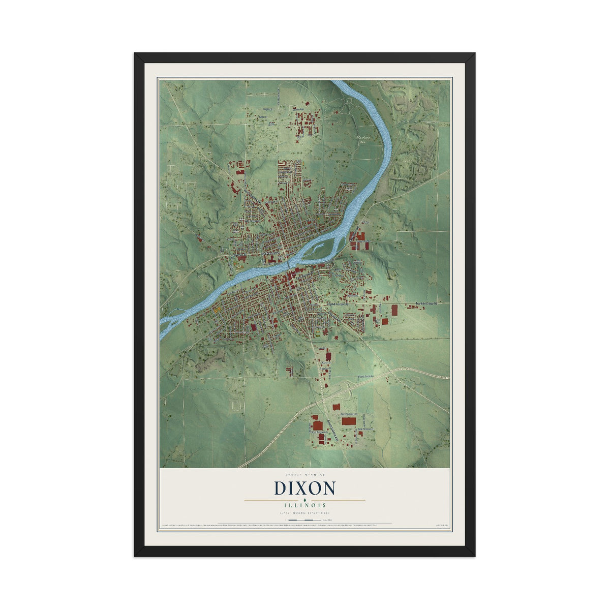 Map of Dixon, Illinois, 12 x 18 inch print in a black wood frame