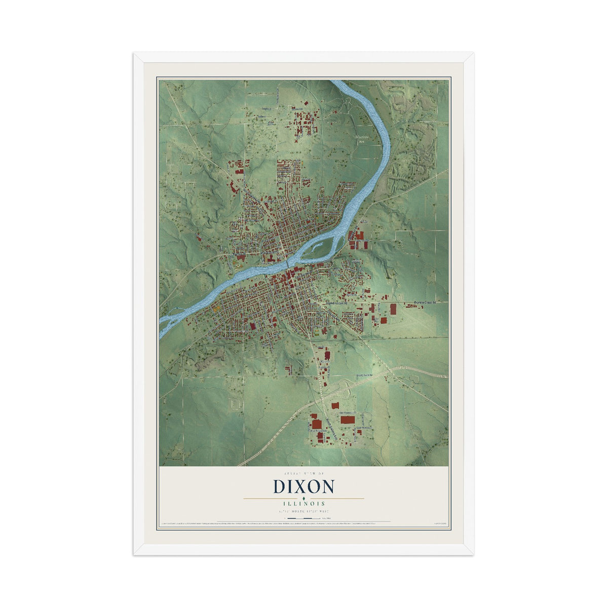 Map of Dixon, Illinois, 12 x 18 inch print in a white wood frame