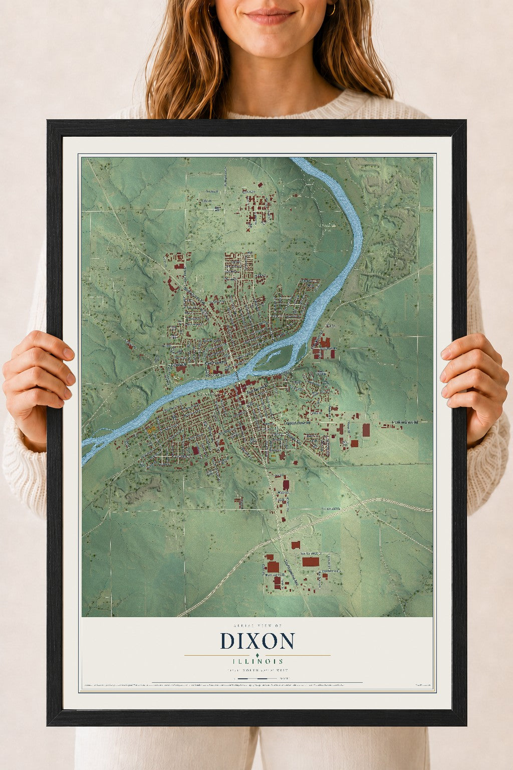 Map of Dixon, Illinois, 18 x 24 inch print in a black wood frame