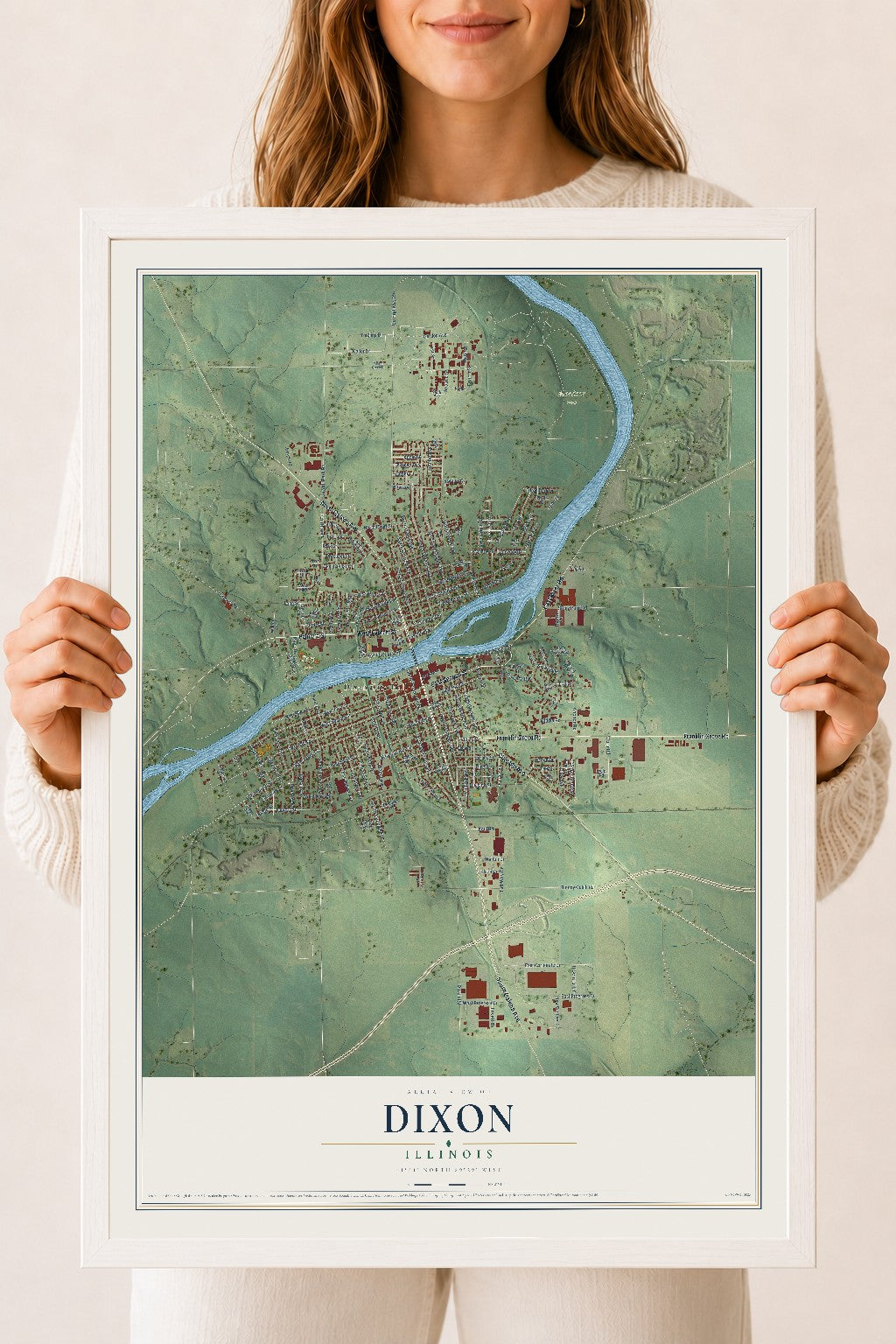 Map of Dixon, Illinois, 18 x 24 inch print in a white wood frame