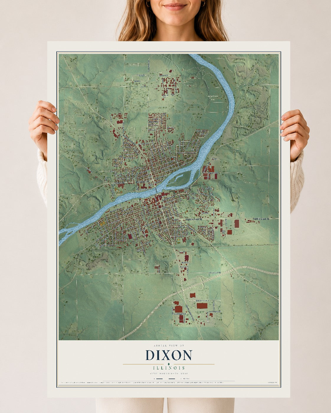 Map of Dixon, Illinois, 24 x 36 inch unframed archival matte print