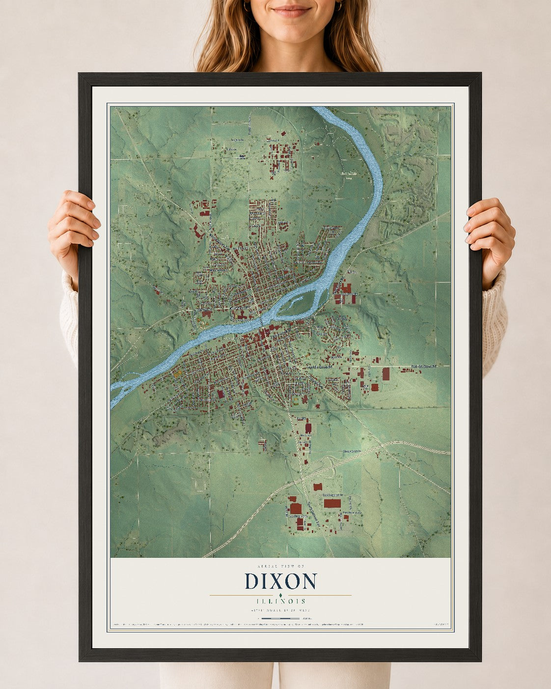 Map of Dixon, Illinois, 24 x 36 inch print in a black wood frame