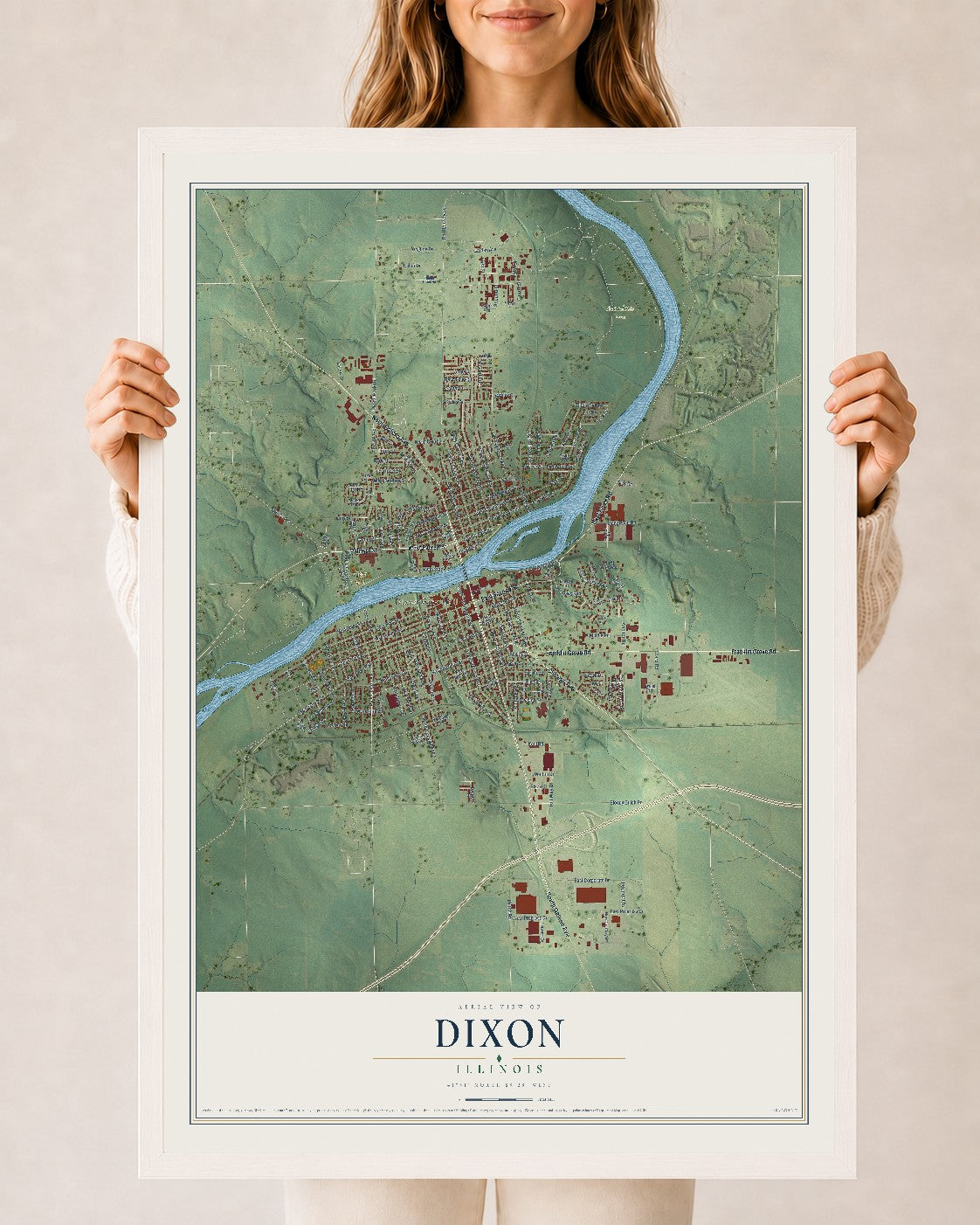 Map of Dixon, Illinois, 24 x 36 inch print in a white wood frame