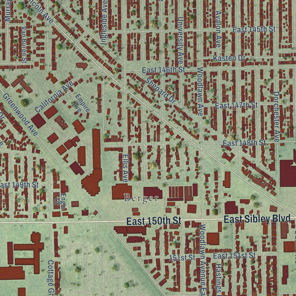 Close-up of the map of Dolton, Illinois print showing street and building detail
