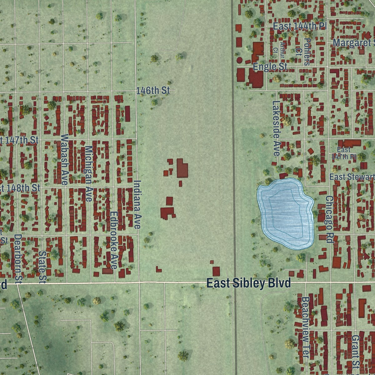 Second close-up of the map of Dolton, Illinois print showing more streets and buildings