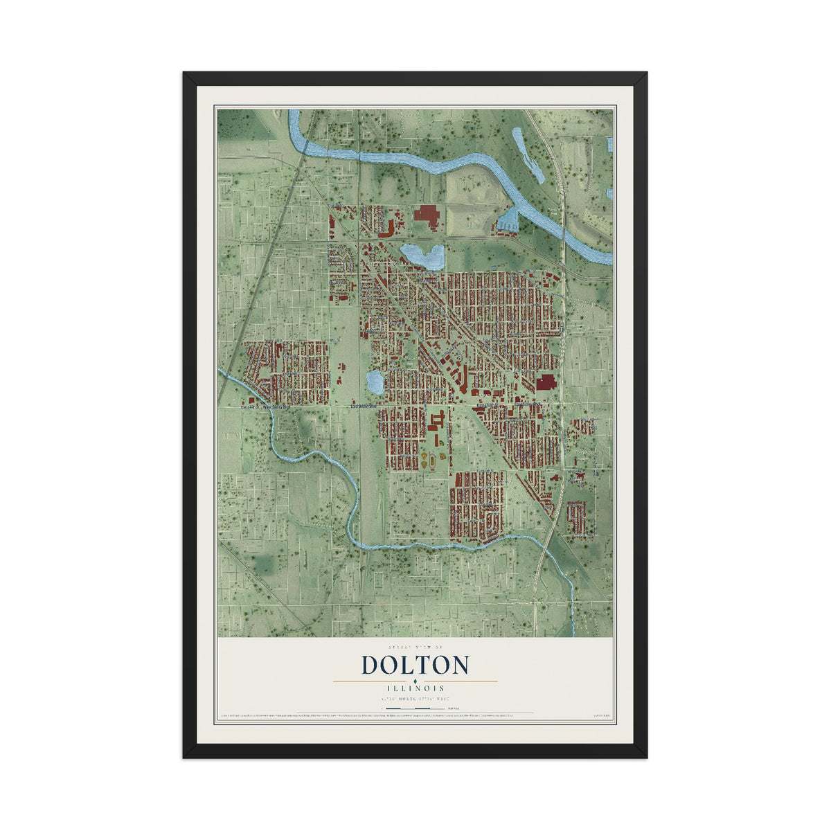 Map of Dolton, Illinois, 12 x 18 inch print in a black wood frame