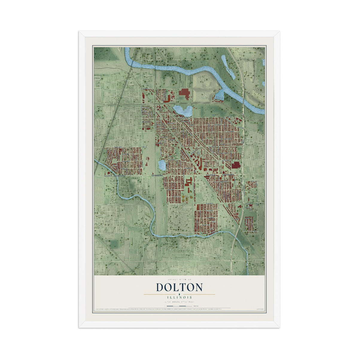 Map of Dolton, Illinois, 12 x 18 inch print in a white wood frame