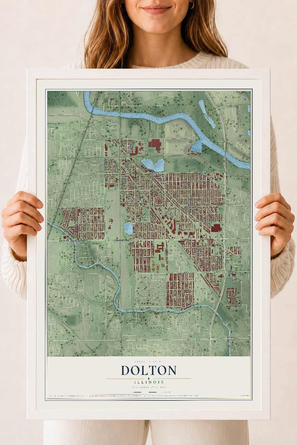 Map of Dolton, Illinois, 18 x 24 inch print in a white wood frame