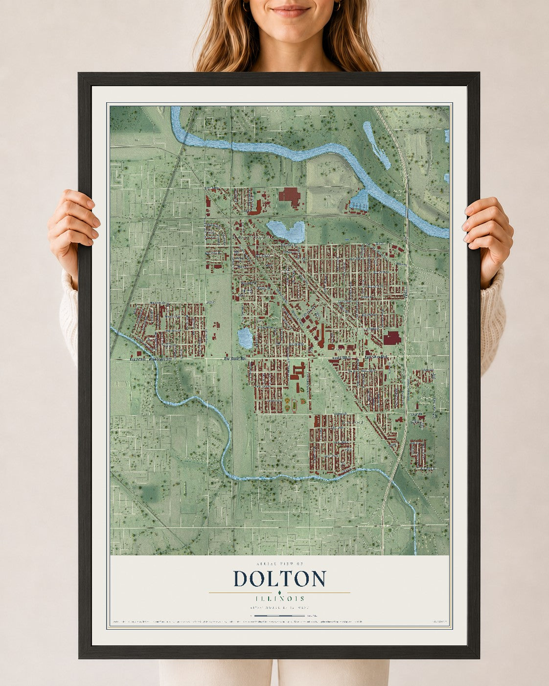 Map of Dolton, Illinois, 24 x 36 inch print in a black wood frame
