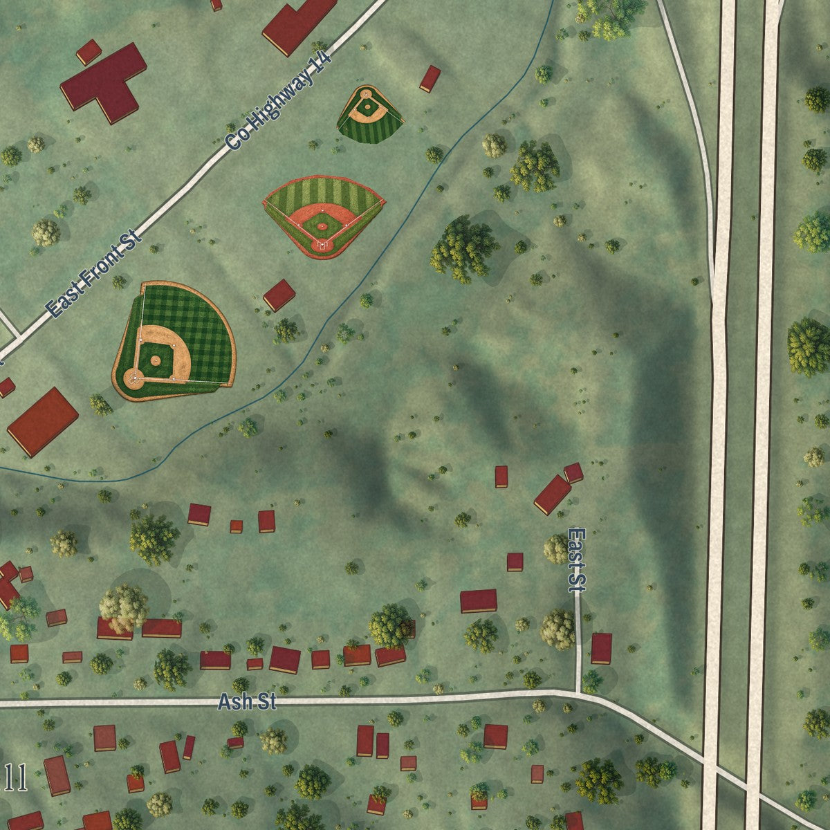 Second close-up of the map of Dongola, Illinois print showing more streets and buildings