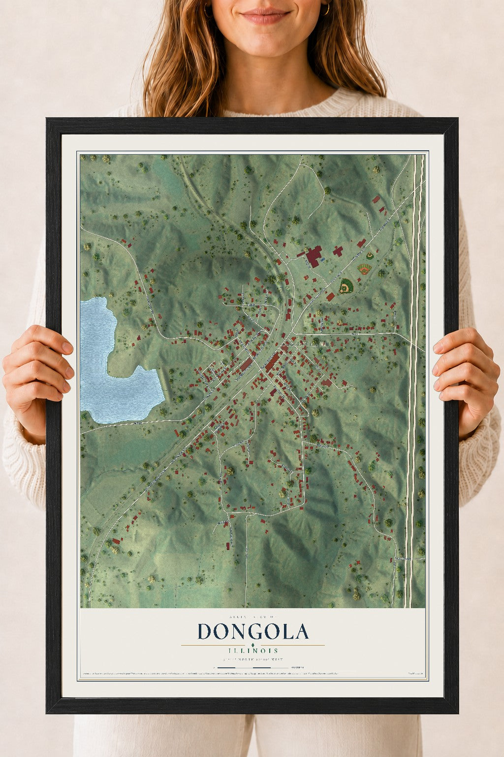 Map of Dongola, Illinois, 18 x 24 inch print in a black wood frame