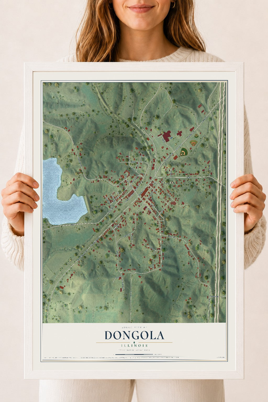 Map of Dongola, Illinois, 18 x 24 inch print in a white wood frame