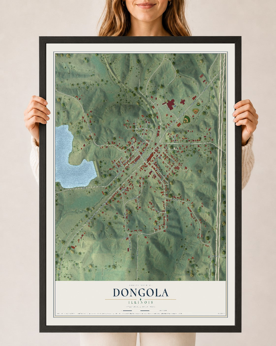 Map of Dongola, Illinois, 24 x 36 inch print in a black wood frame