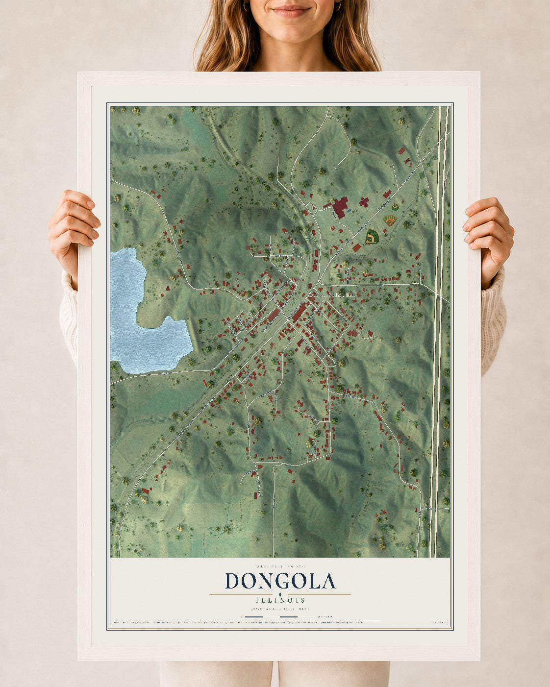 Map of Dongola, Illinois, 24 x 36 inch print in a white wood frame