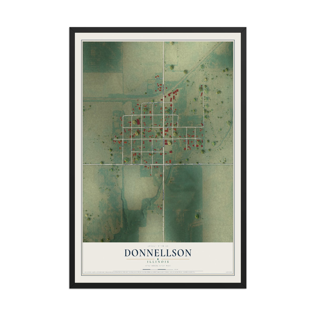 Map of Donnellson, Illinois, 12 x 18 inch print in a black wood frame