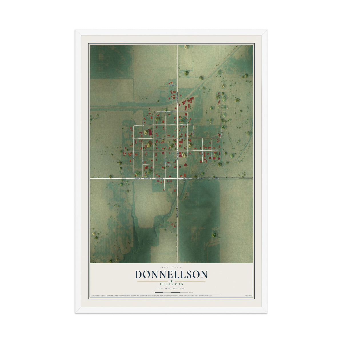 Map of Donnellson, Illinois, 12 x 18 inch print in a white wood frame