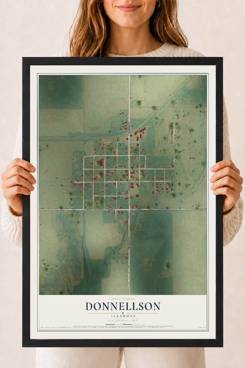 Map of Donnellson, Illinois, 18 x 24 inch print in a black wood frame