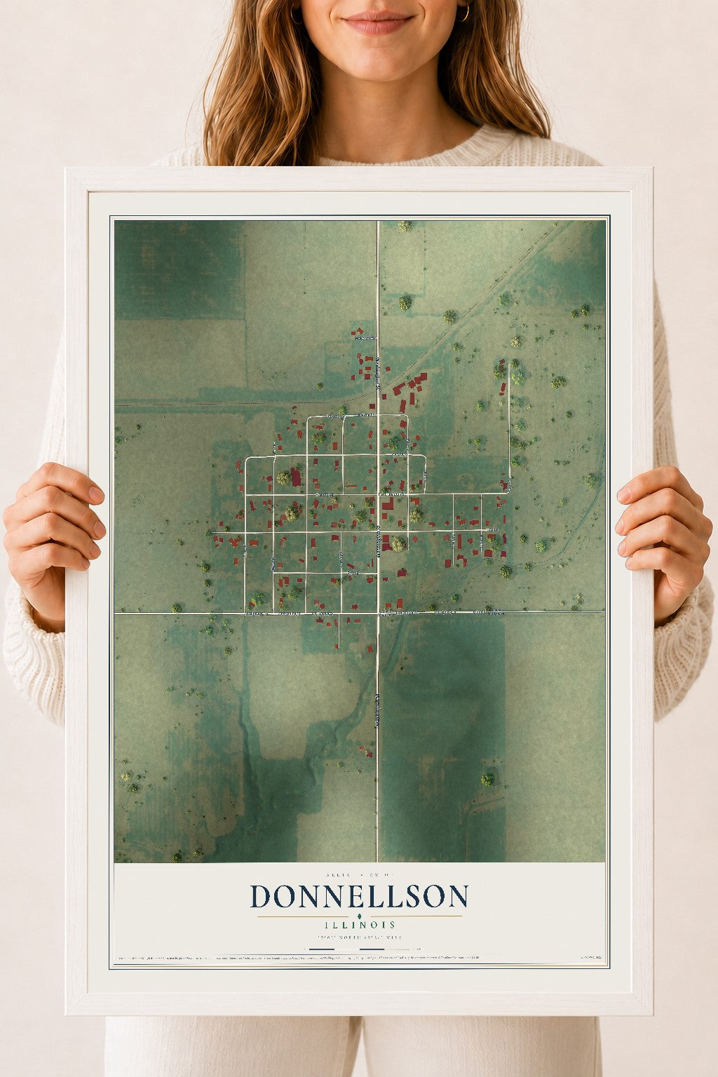 Map of Donnellson, Illinois, 18 x 24 inch print in a white wood frame
