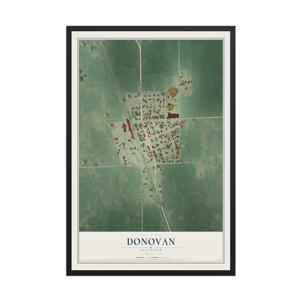 Map of Donovan, Illinois, 12 x 18 inch print in a black wood frame