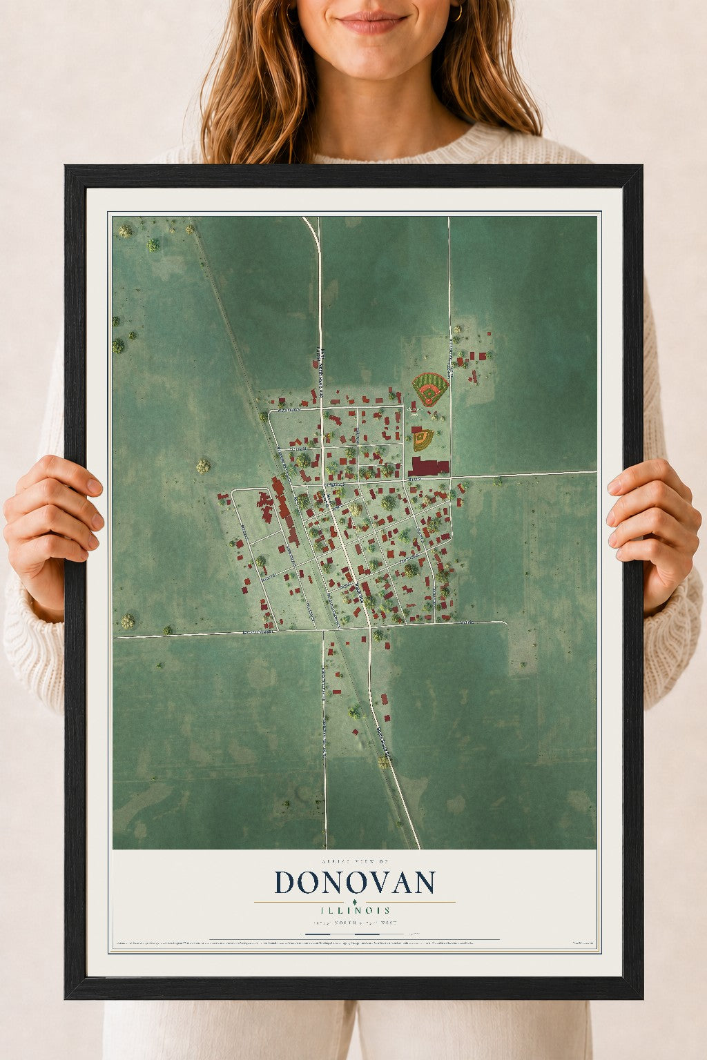 Map of Donovan, Illinois, 18 x 24 inch print in a black wood frame
