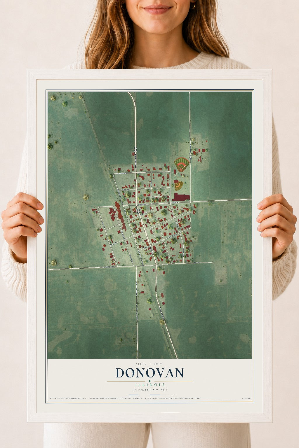 Map of Donovan, Illinois, 18 x 24 inch print in a white wood frame