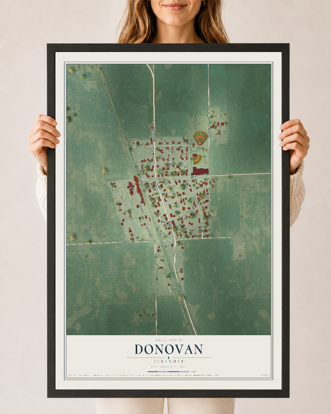 Map of Donovan, Illinois, 24 x 36 inch print in a black wood frame