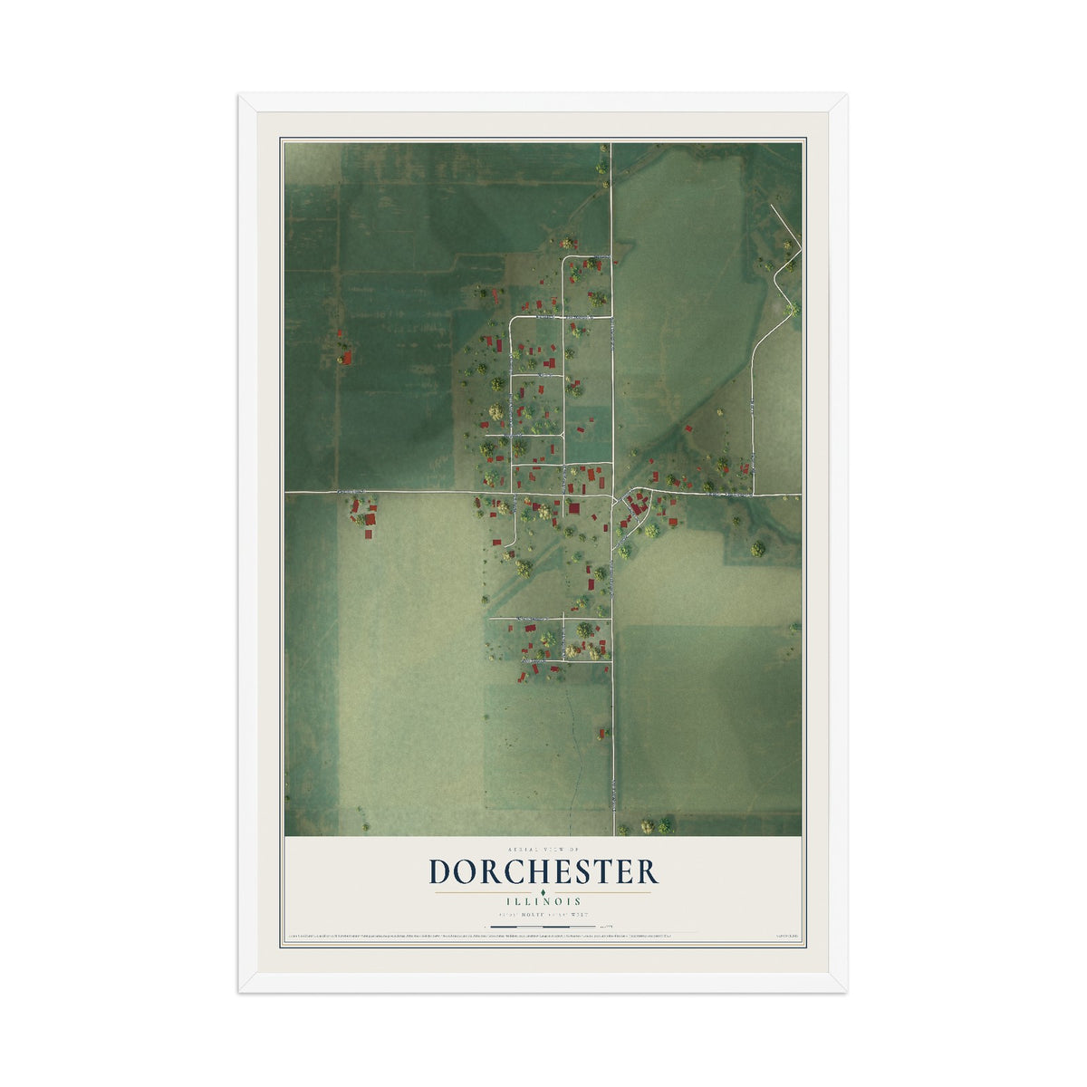 Map of Dorchester, Illinois, 12 x 18 inch print in a white wood frame