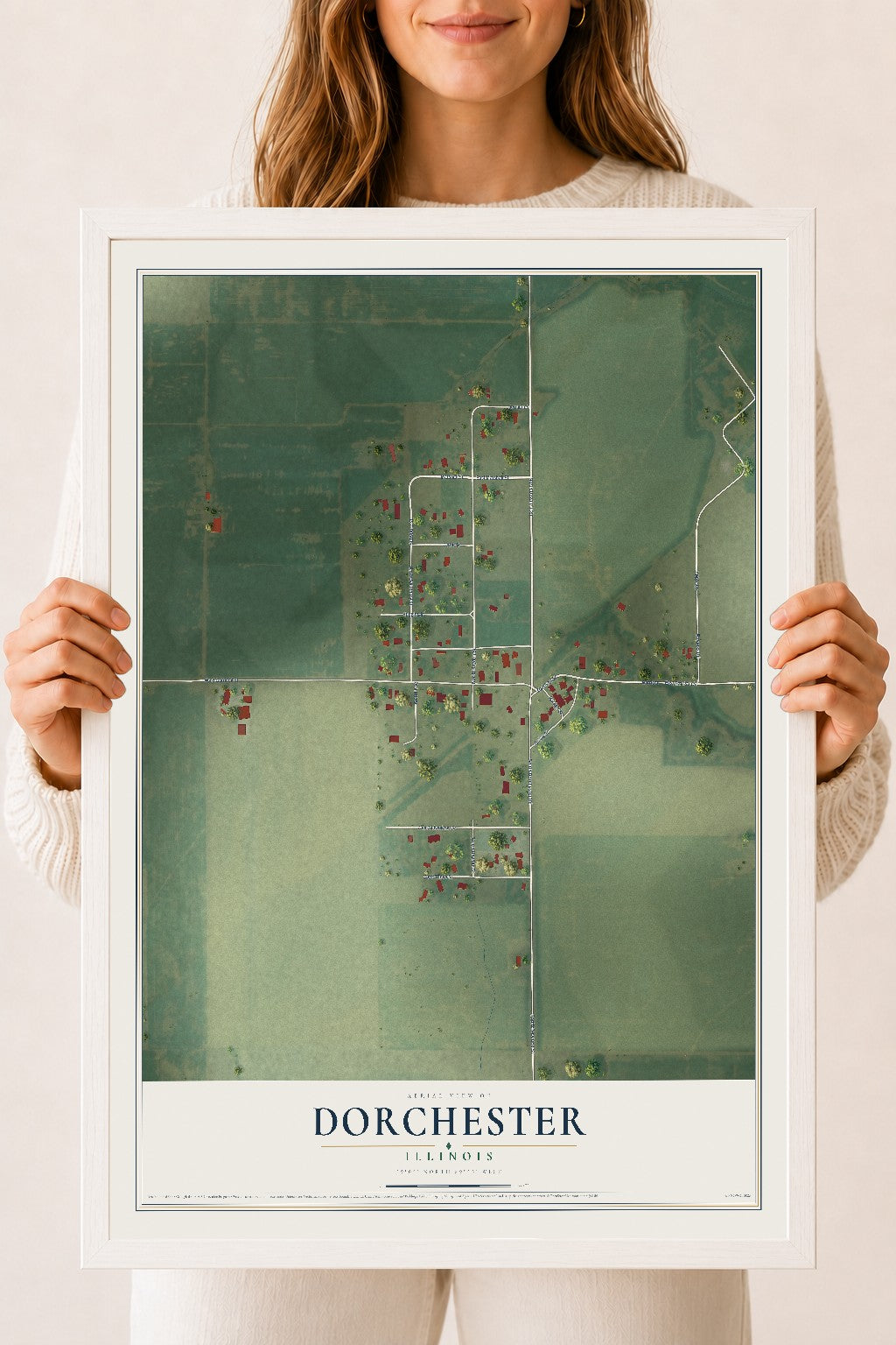 Map of Dorchester, Illinois, 18 x 24 inch print in a white wood frame
