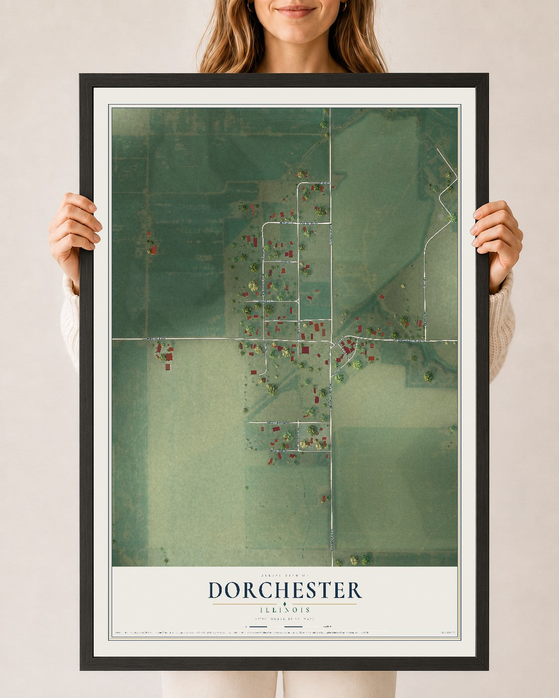Map of Dorchester, Illinois, 24 x 36 inch print in a black wood frame