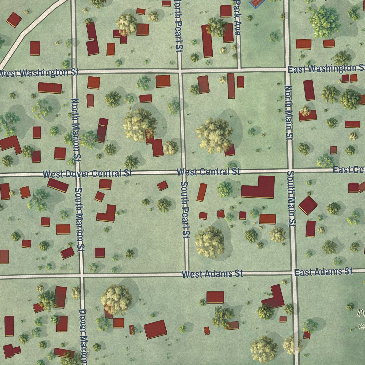 Close-up of the map of Dover, Illinois print showing street and building detail