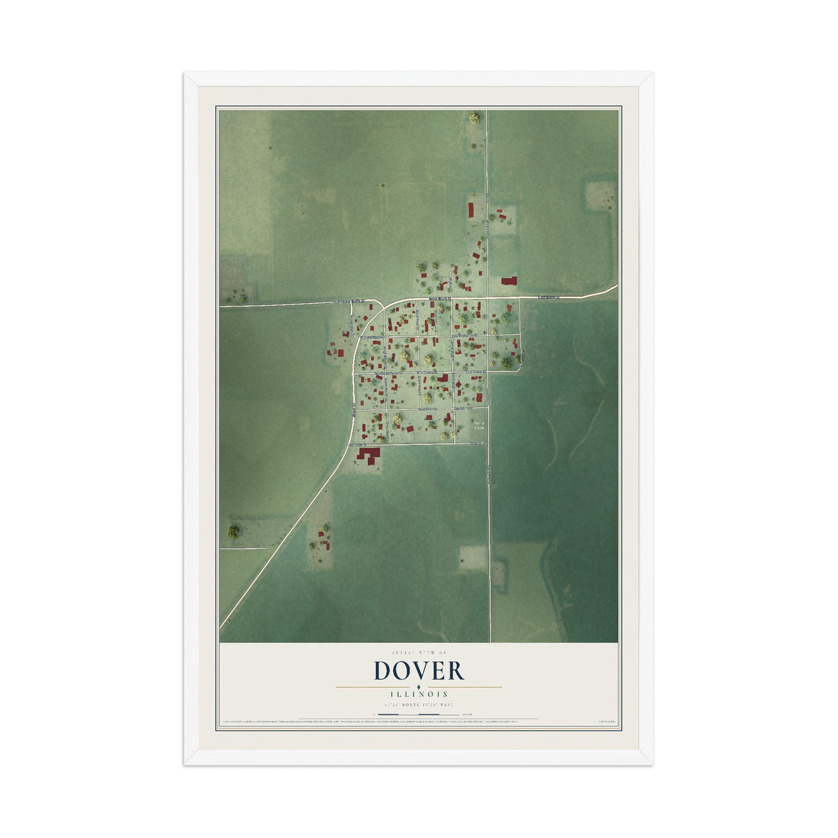 Map of Dover, Illinois, 12 x 18 inch print in a white wood frame