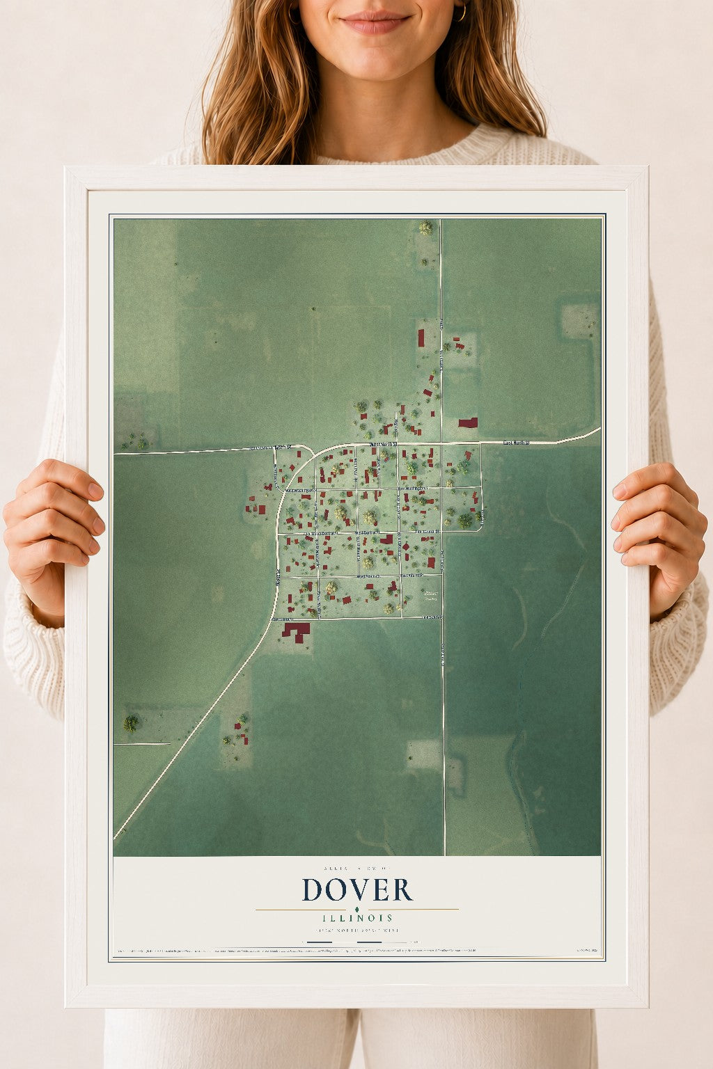 Map of Dover, Illinois, 18 x 24 inch print in a white wood frame