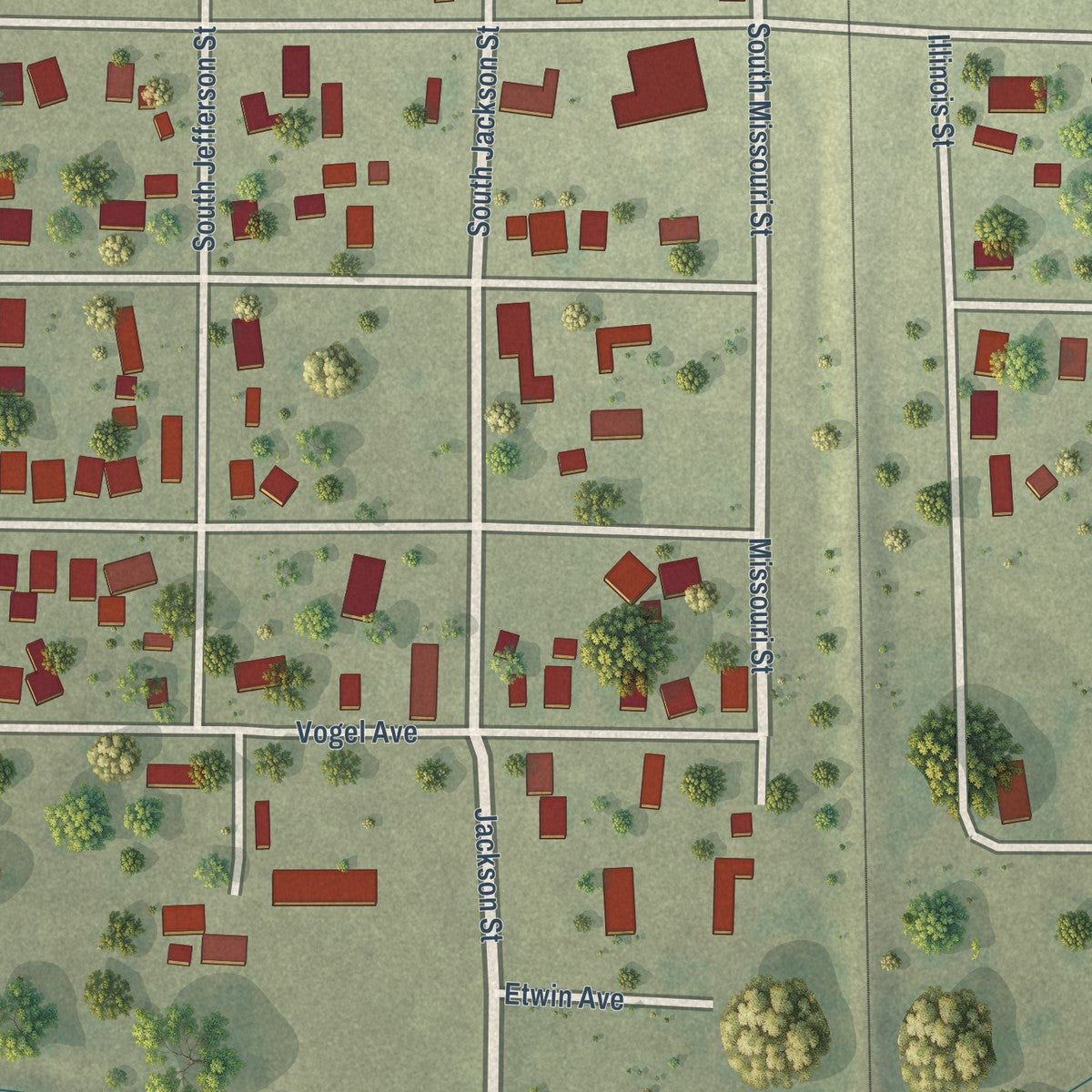 Close-up of the map of Dowell, Illinois print showing street and building detail
