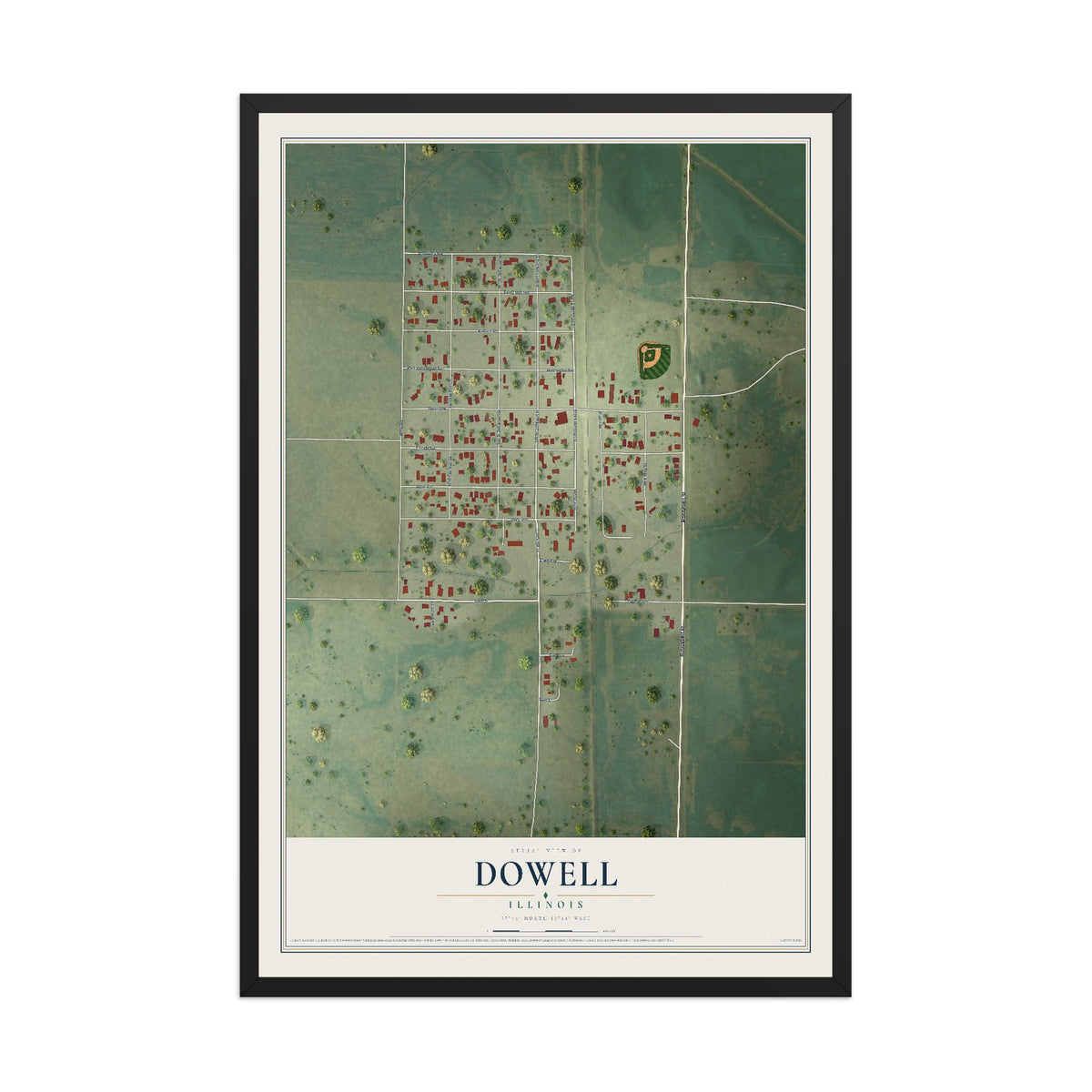 Map of Dowell, Illinois, 12 x 18 inch print in a black wood frame