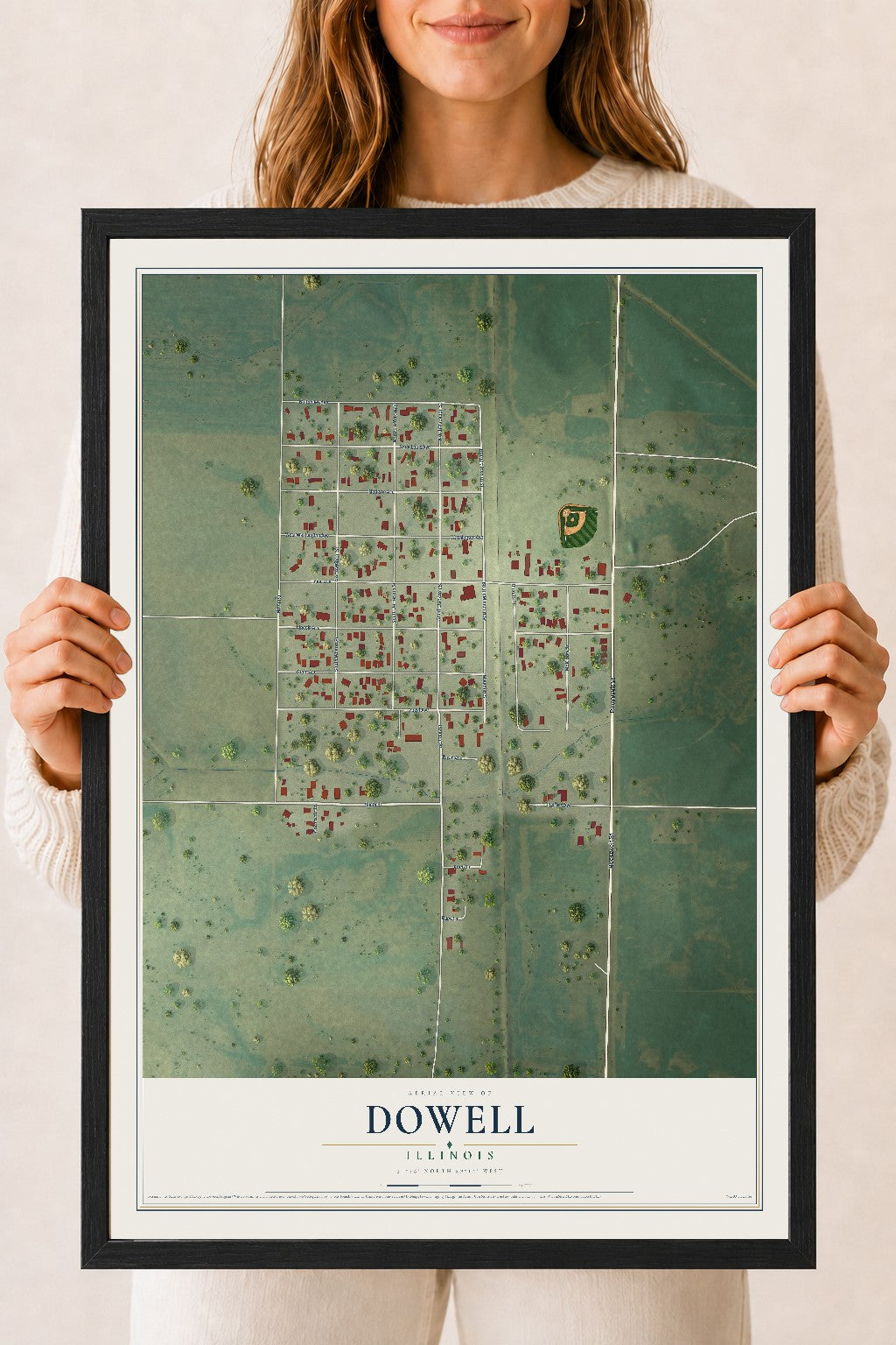 Map of Dowell, Illinois, 18 x 24 inch print in a black wood frame