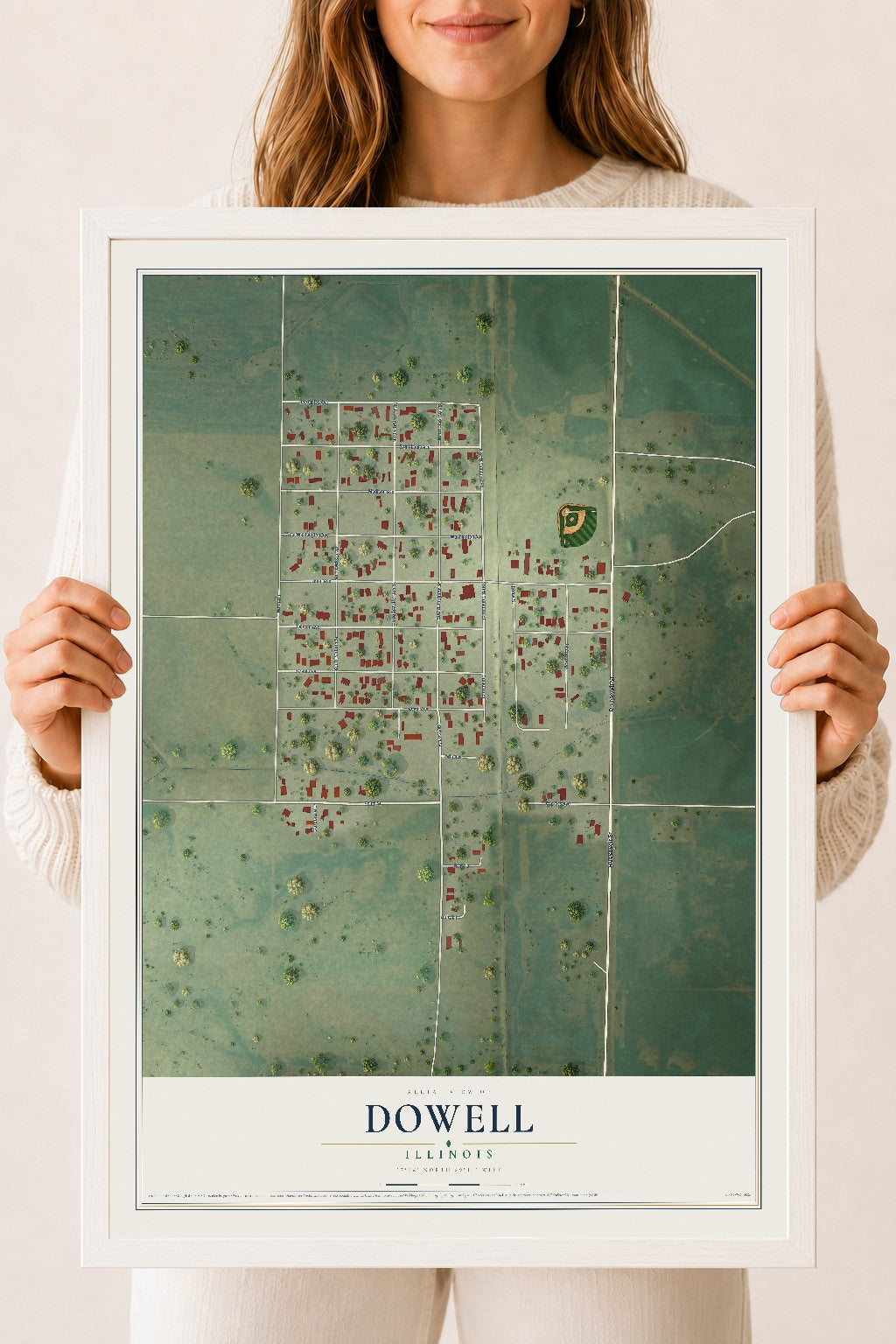 Map of Dowell, Illinois, 18 x 24 inch print in a white wood frame
