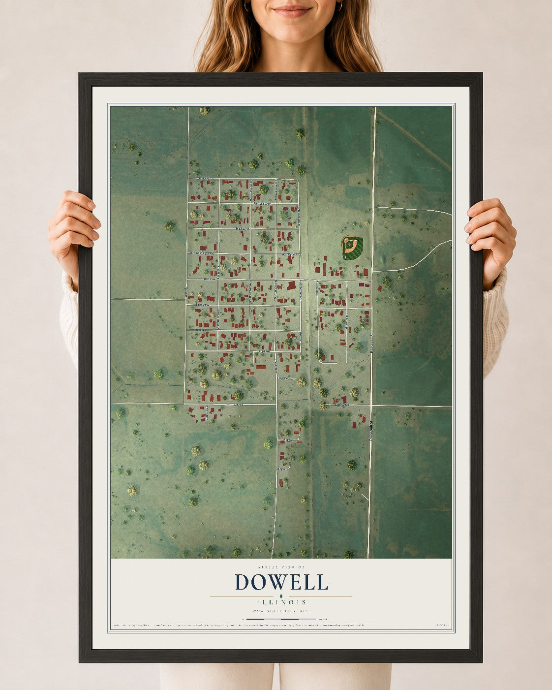 Map of Dowell, Illinois, 24 x 36 inch print in a black wood frame