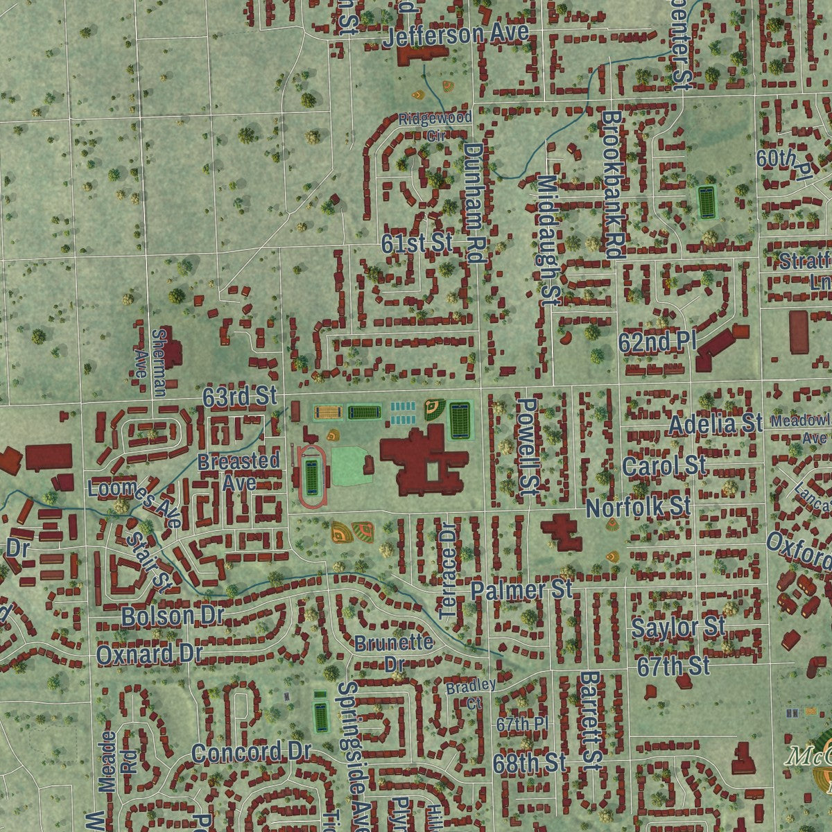 Second close-up of the map of Downers Grove, Illinois print showing more streets and buildings